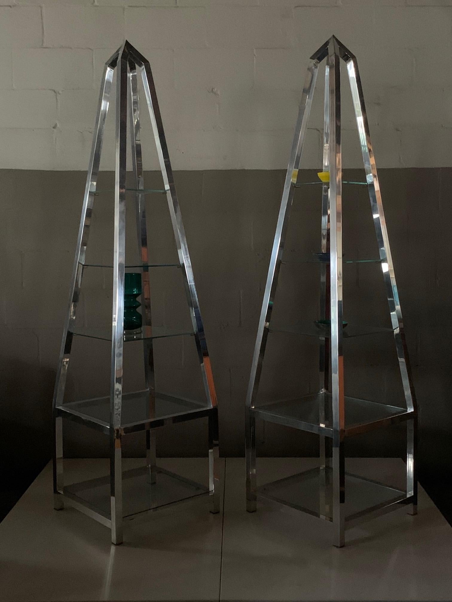 Frisman Vintage Pair of Obelisk Étagères in Polished Aluminum