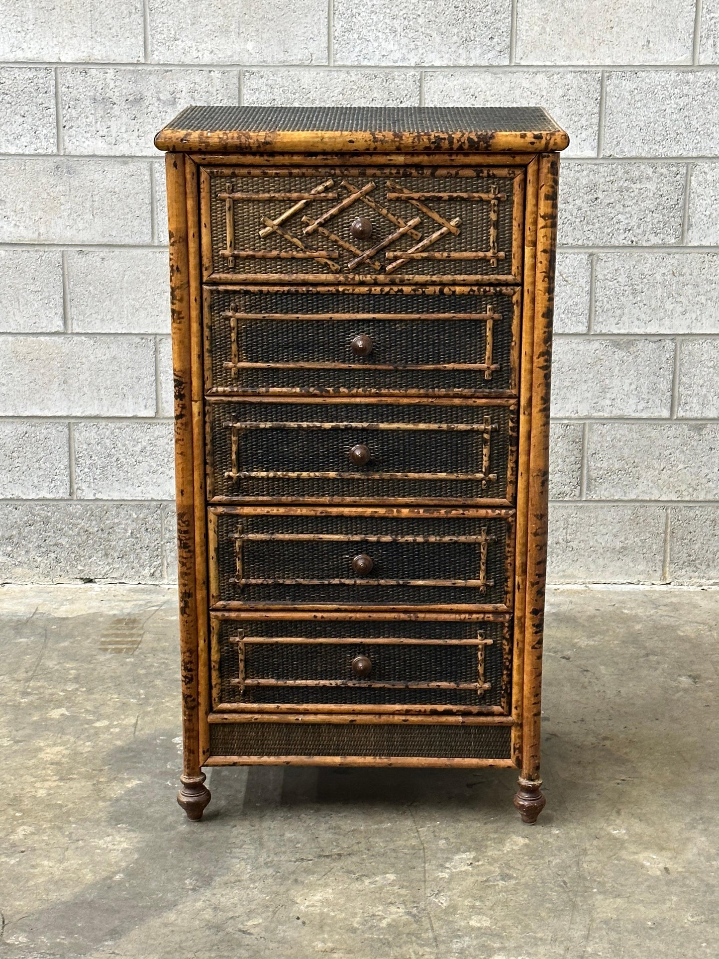 Frisman Vintage Vintage British Colonial Style Burnt Bamboo and Rattan Tall Chest