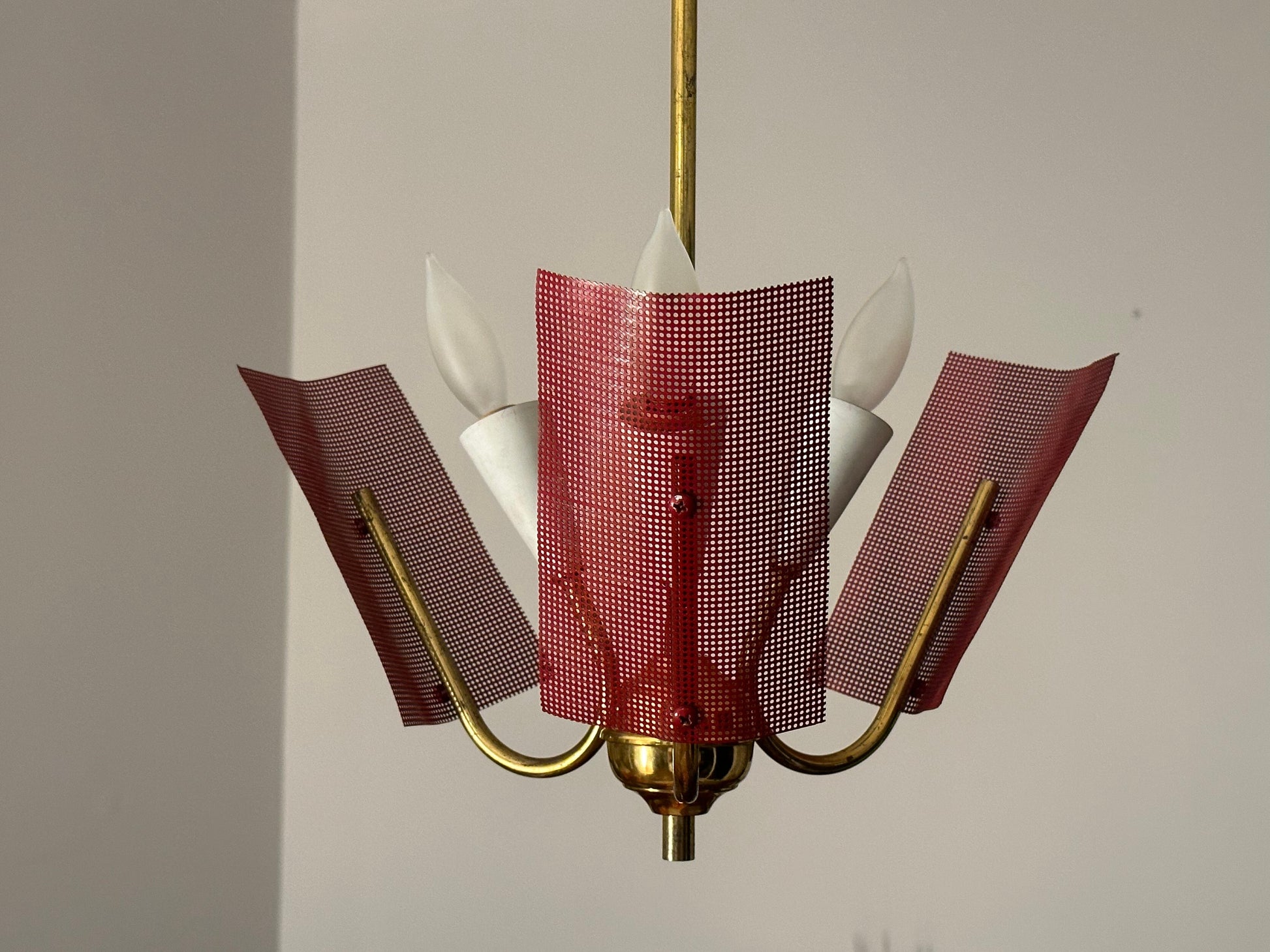 Frisman Vintage Mid Century Modern Perforated Red Metal and Brass Chandelier