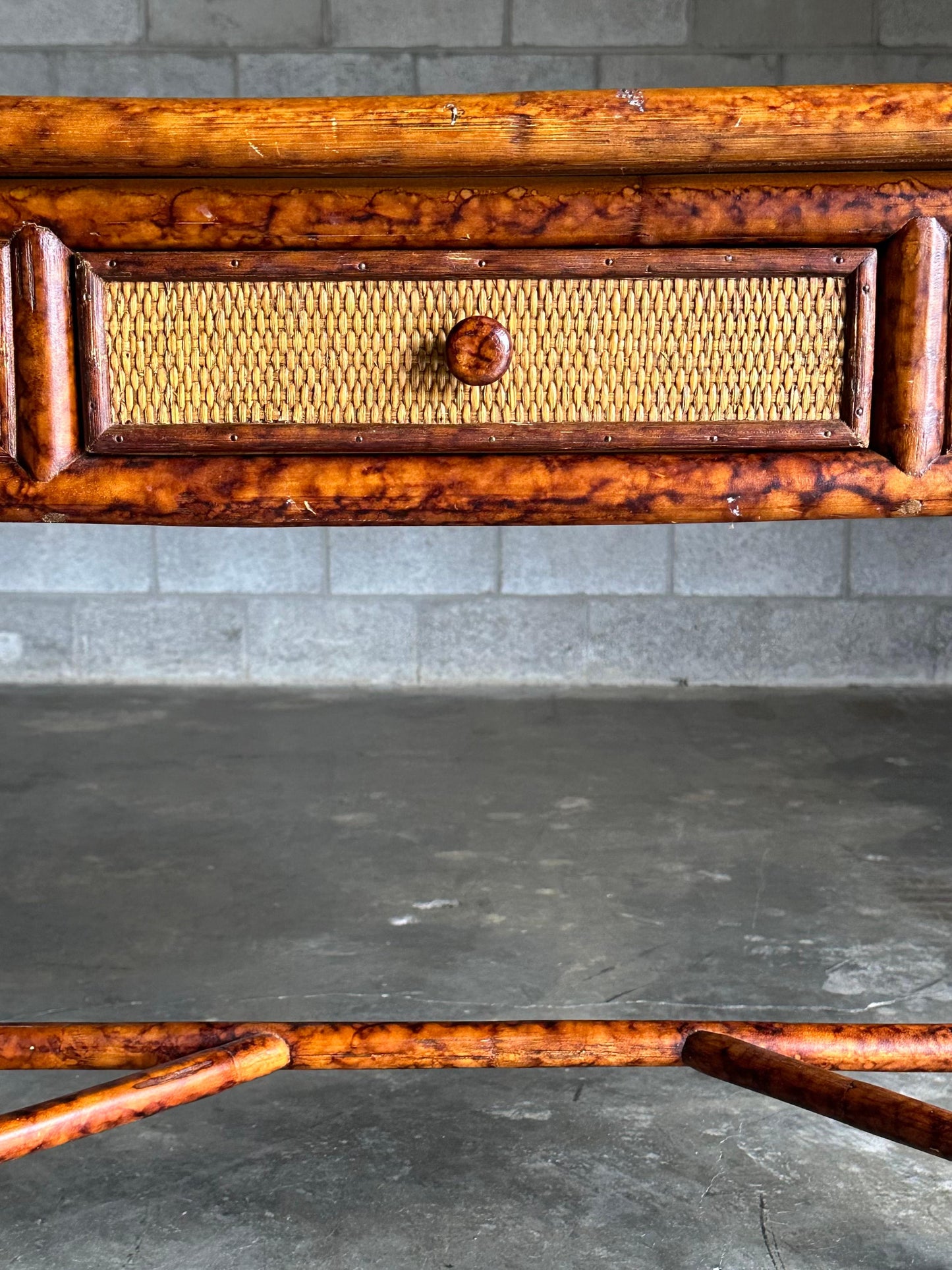 British Colonial Style Small Desk or Console Table, Faux Bamboo and Cane