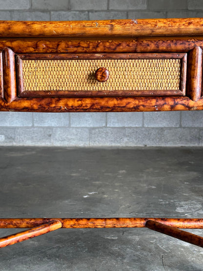 British Colonial Style Small Desk or Console Table, Faux Bamboo and Cane