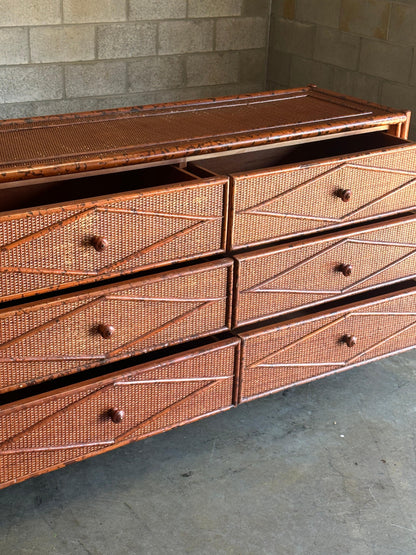 Vintage British Colonial Style Burnt Bamboo and Rattan Lowboy Dresser