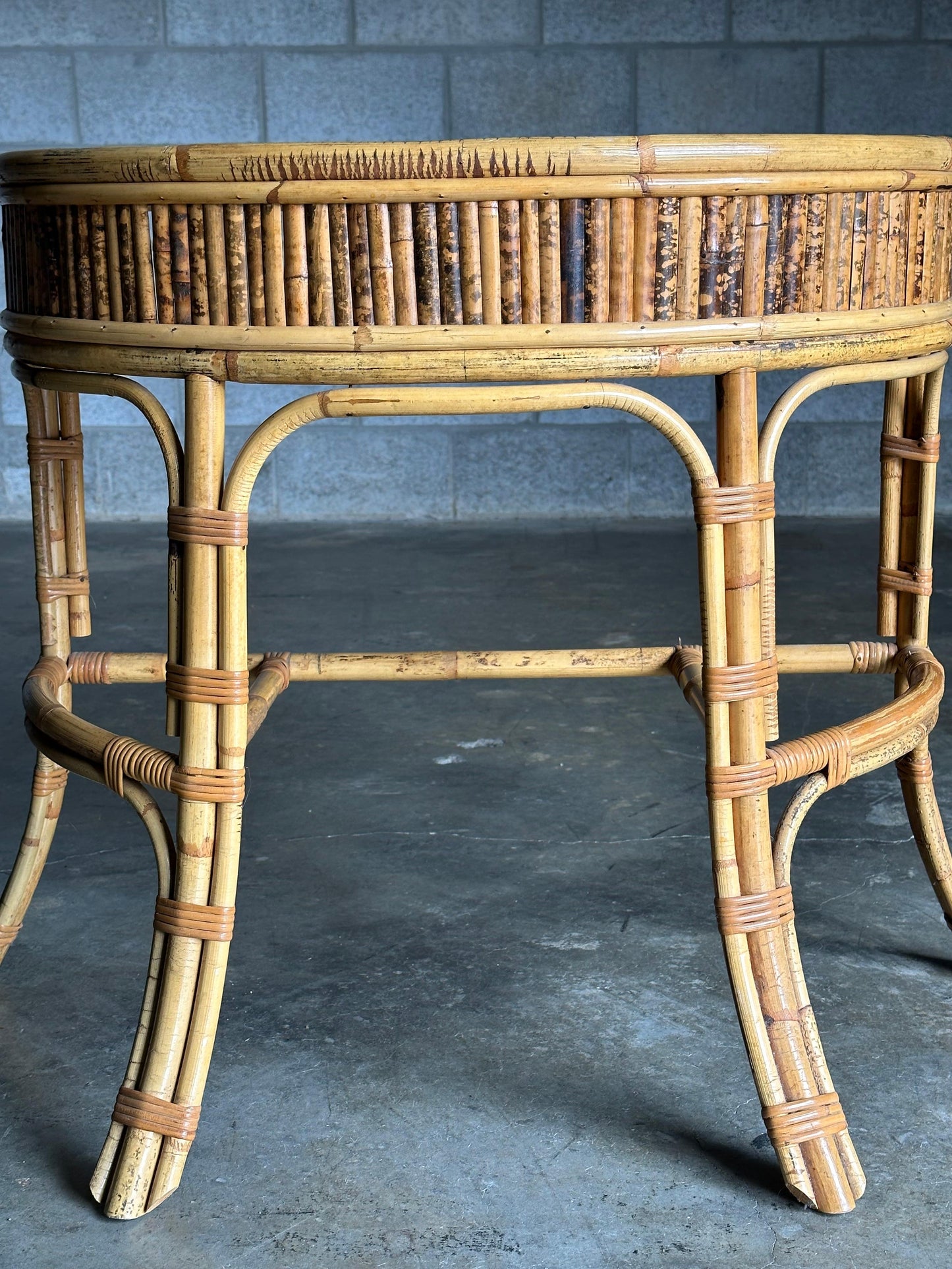 1970s Burnt Bamboo and Rattan Demilune Console Table