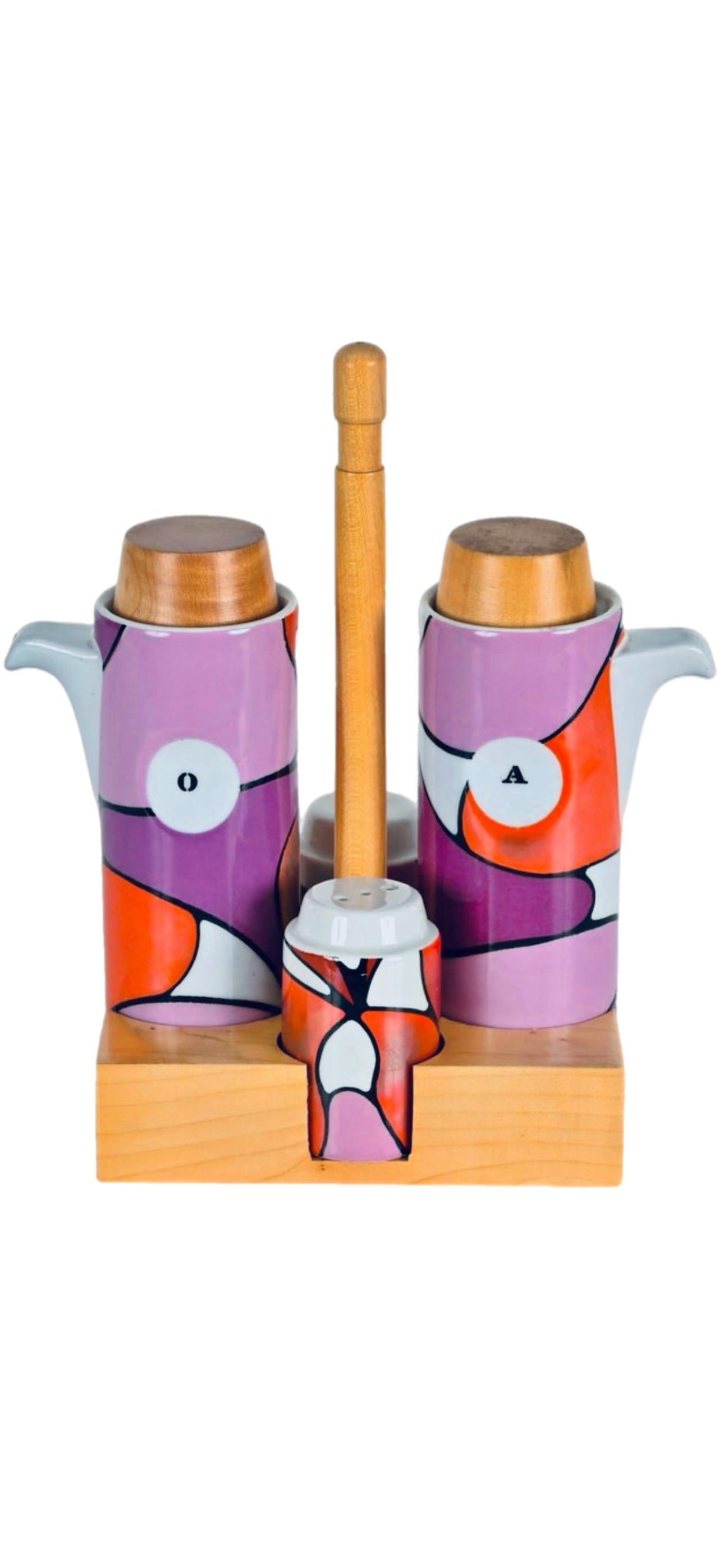 Frisman Vintage 60s Franco Pozzi Mid Century Ceramic Salt Pepper Oil and Vinegar Cruet Set Italy