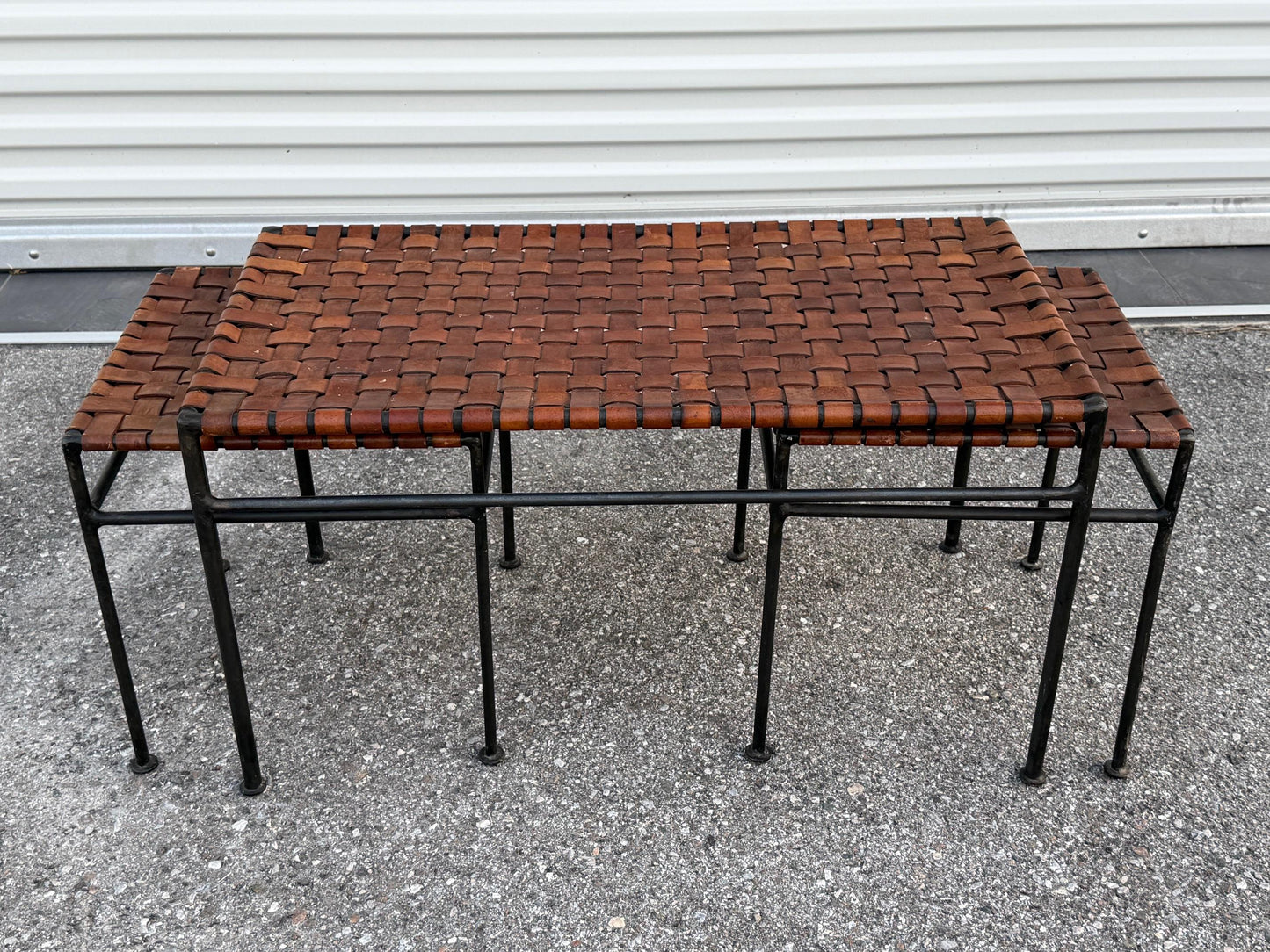 Frisman Vintage A Set Of Stools And Bench Wrought Iron Leather ca' 1980's Patina