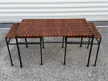 Frisman Vintage A Set Of Stools And Bench Wrought Iron Leather ca' 1980's Patina