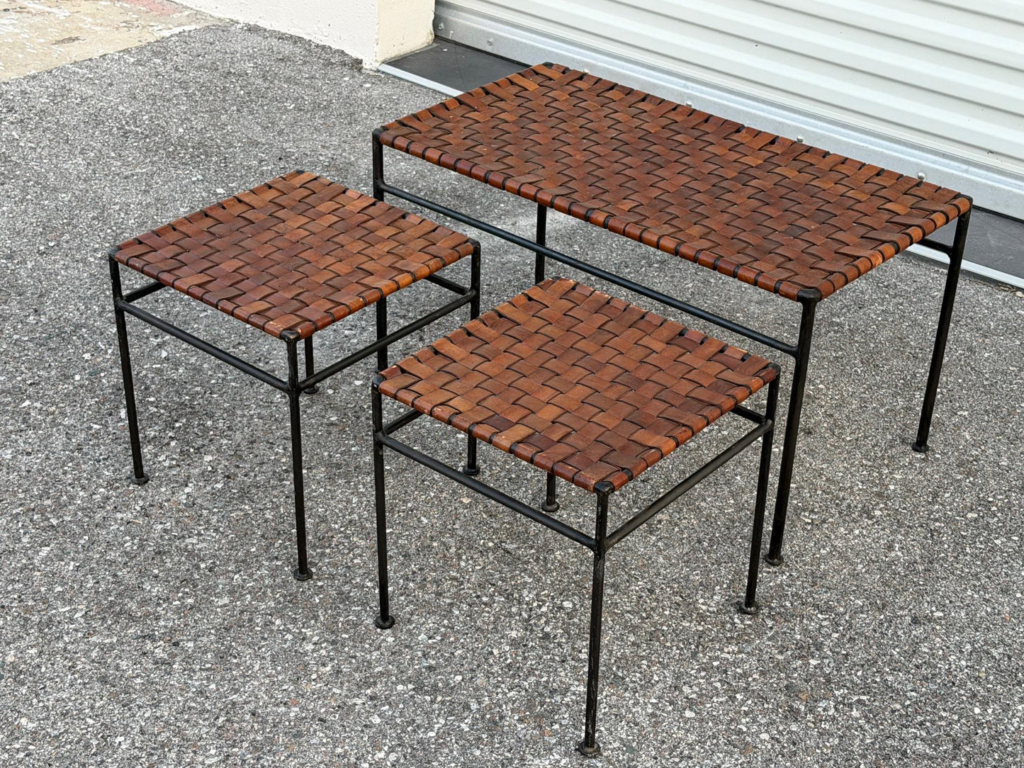 Frisman Vintage A Set Of Stools And Bench Wrought Iron Leather ca' 1980's Patina