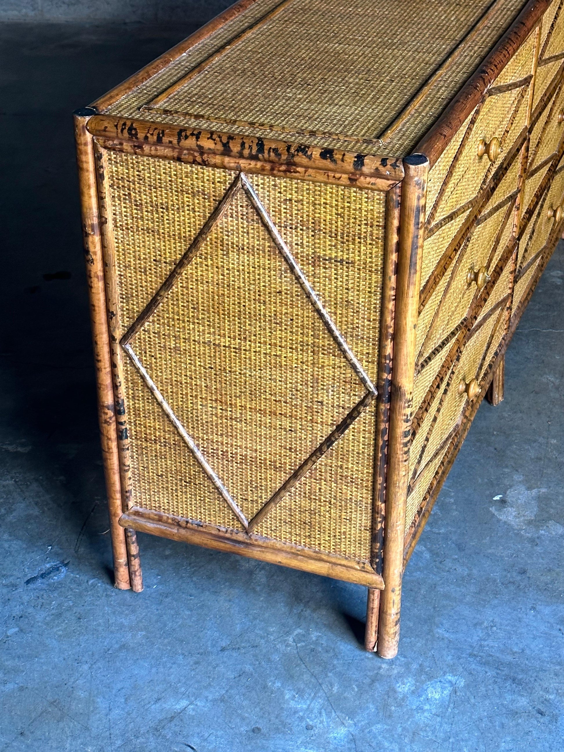 Frisman Vintage Vintage British Colonial Style Faux Burnt Bamboo and Rattan Lowboy Dresser