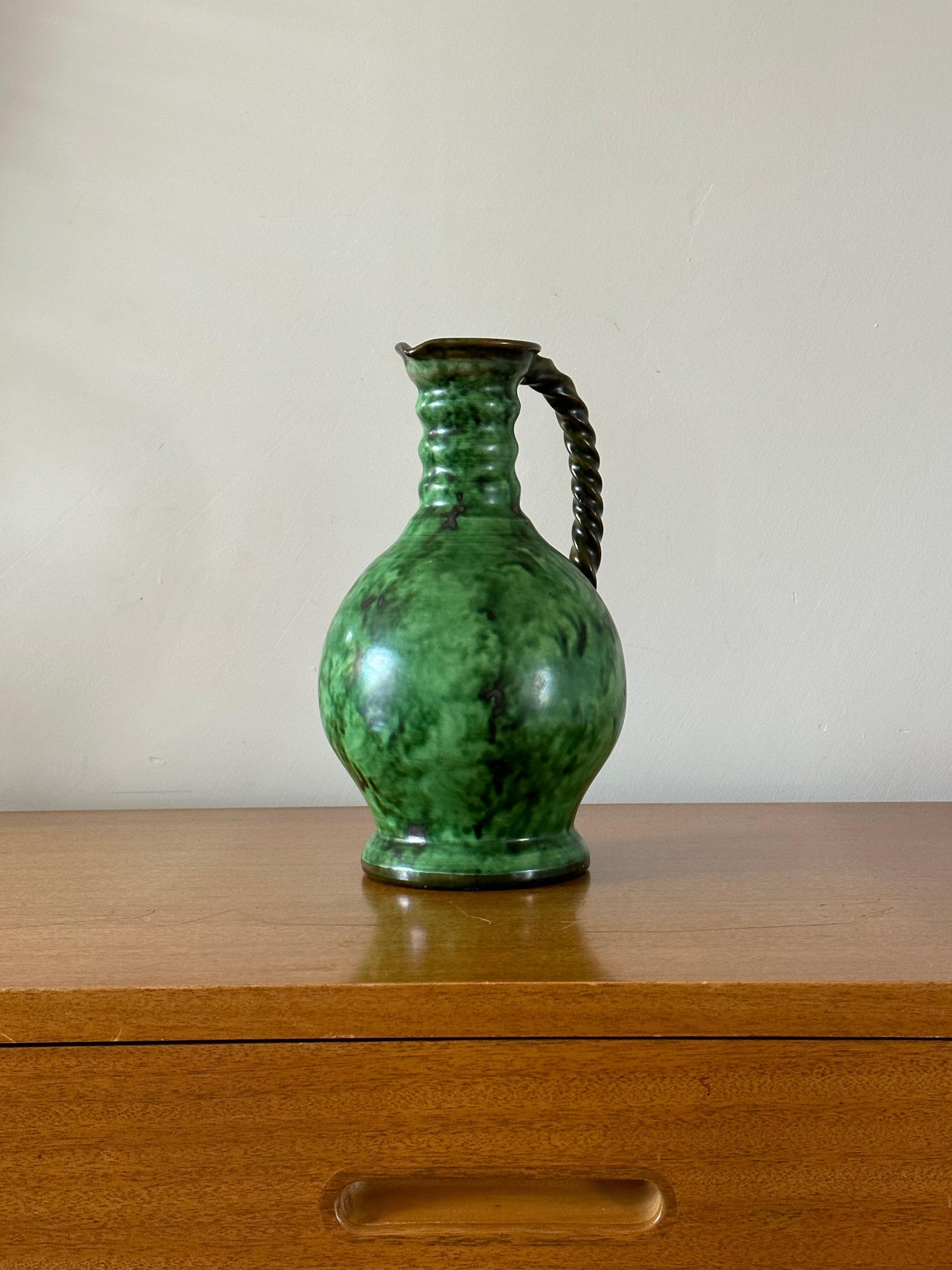 Frisman Vintage Erik Mornils Handled Pitcher Vase for Nittsjö Keramik, Sweden, Malachite Glaze