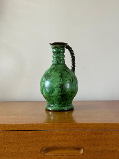 Frisman Vintage Erik Mornils Handled Pitcher Vase for Nittsjö Keramik, Sweden, Malachite Glaze