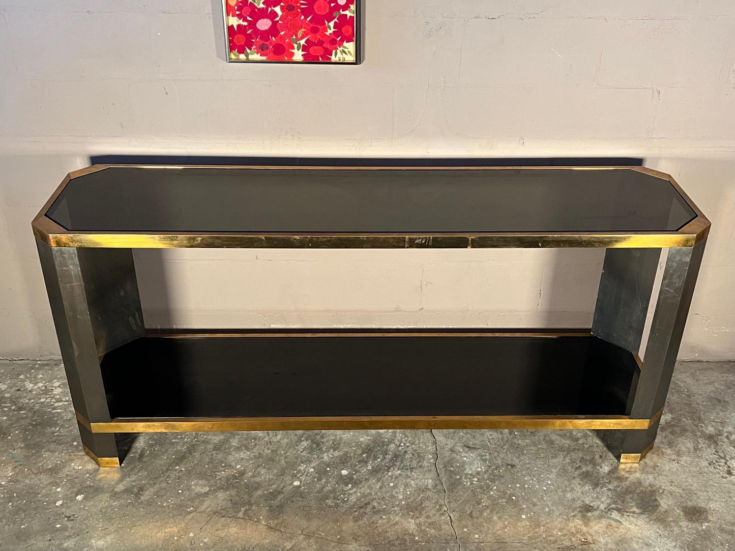 frisman vintage Brass And Black Glass Console Ron Seff, 1970's