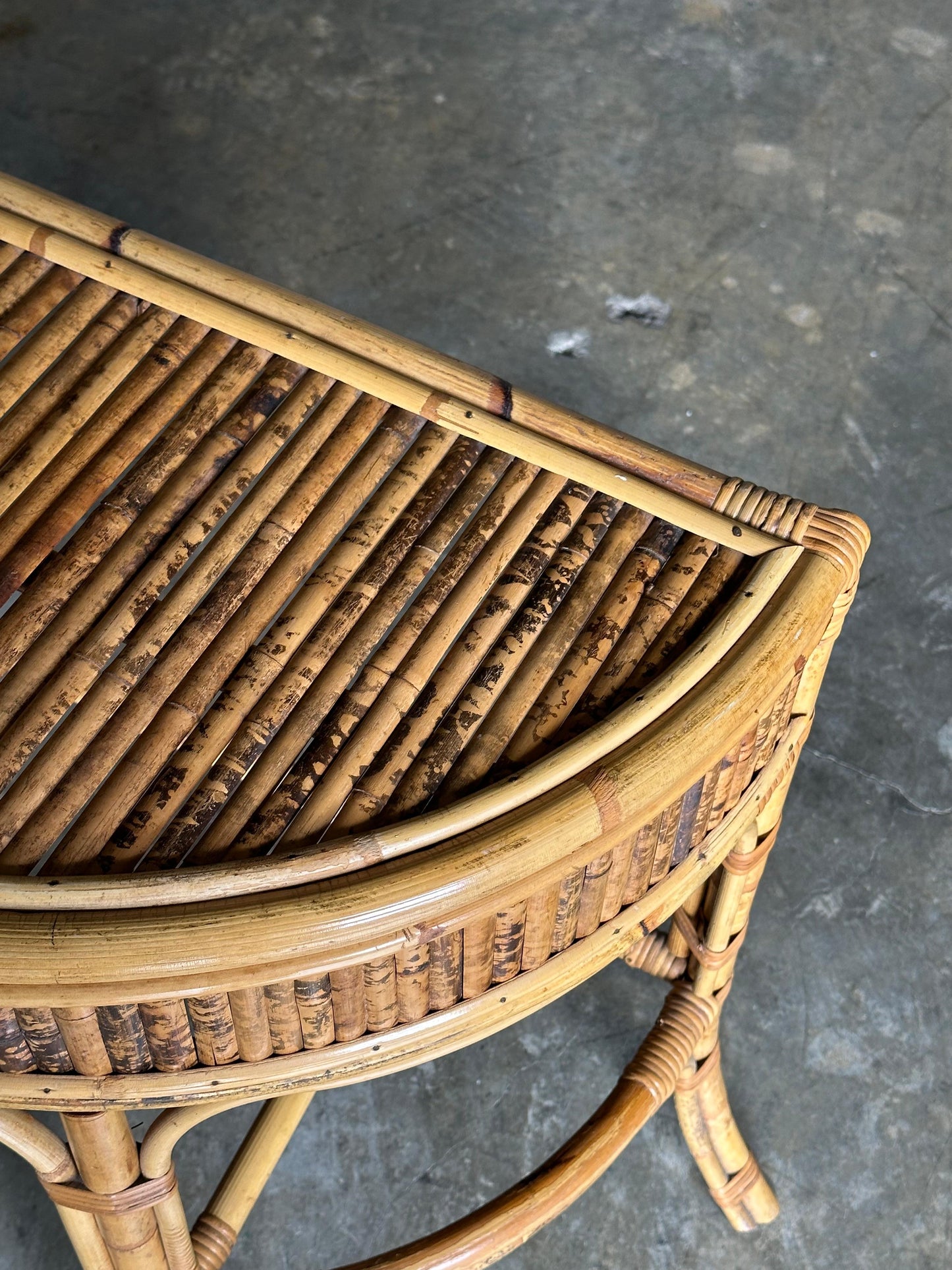 1970s Burnt Bamboo and Rattan Demilune Console Table