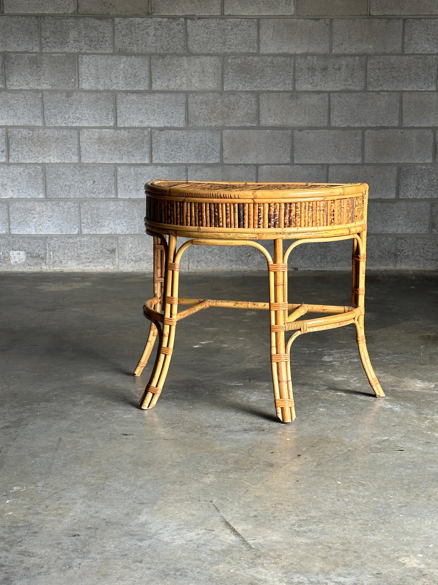 1970s Burnt Bamboo and Rattan Demilune Console Table