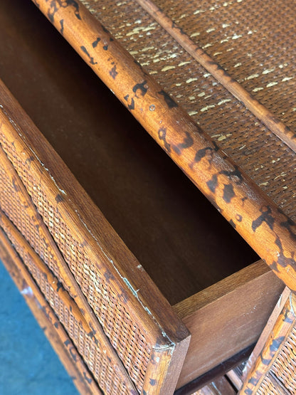 Vintage British Colonial Style Burnt Bamboo and Rattan Lowboy Dresser