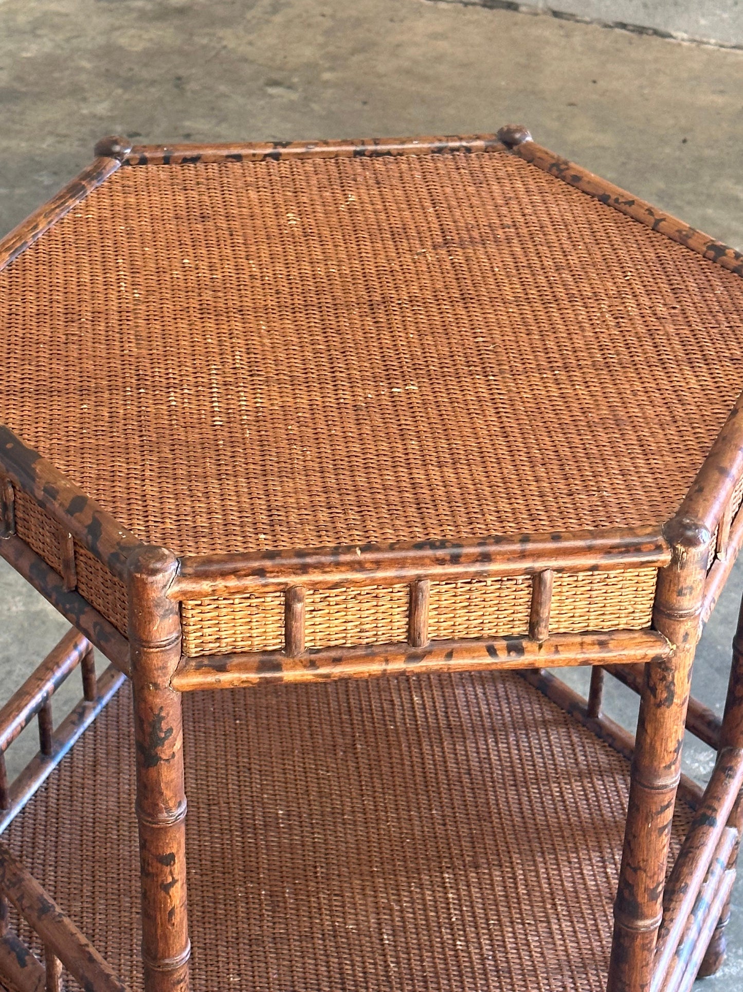 British Colonial Style Tiered Hexagon Table in Faux Bamboo and Cane