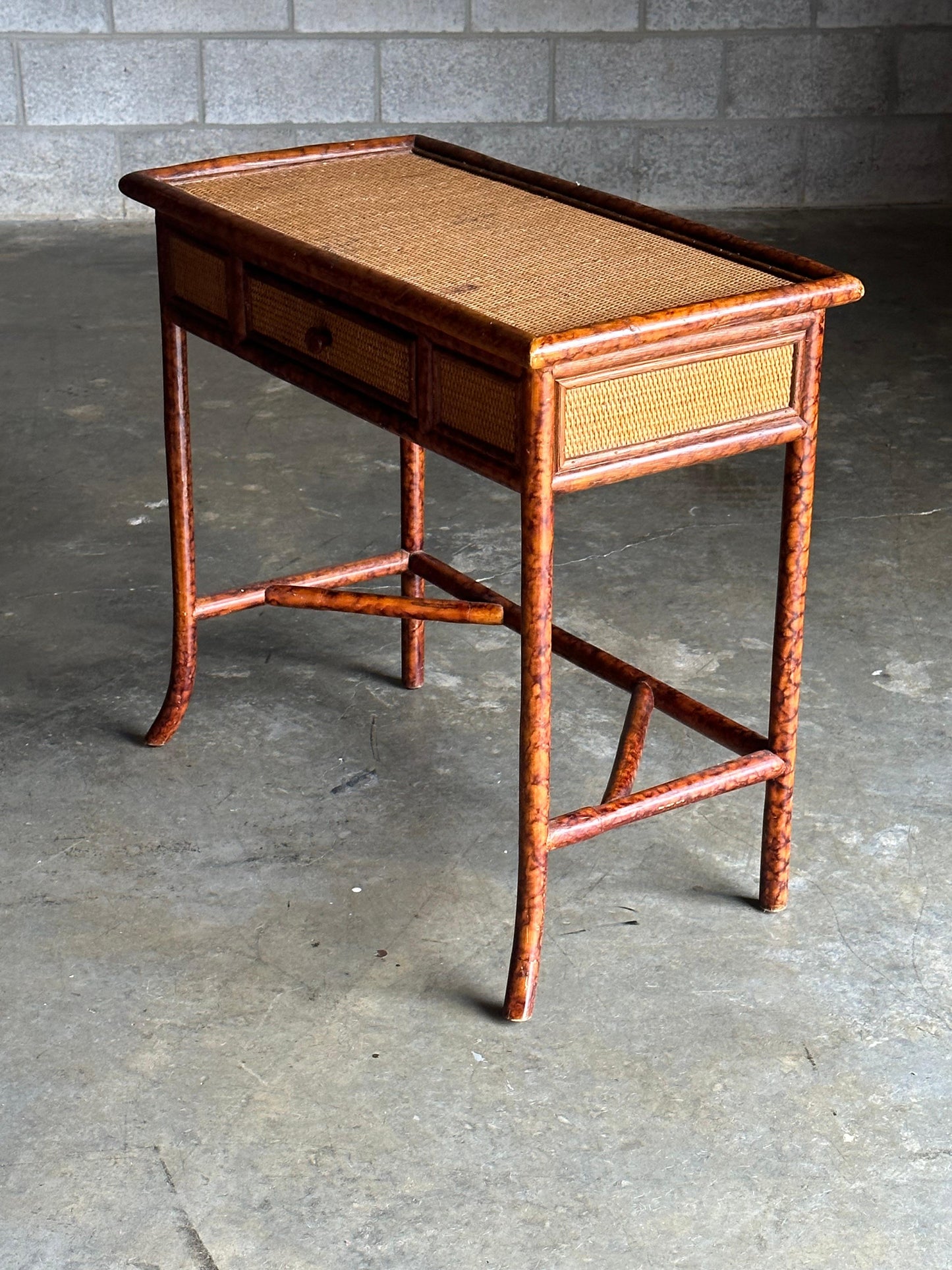 British Colonial Style Small Desk or Console Table, Faux Bamboo and Cane