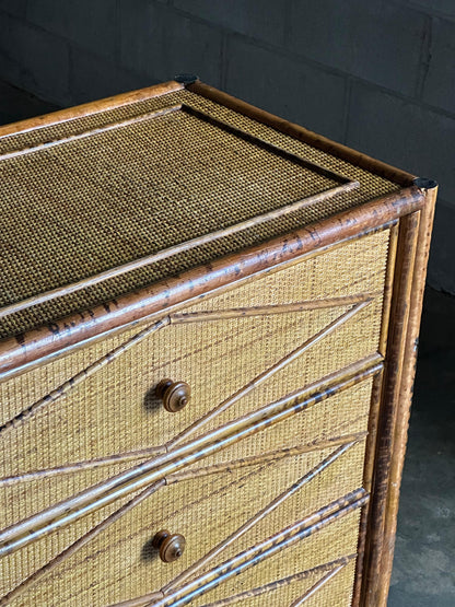 Frisman Vintage Vintage British Colonial Style Faux Burnt Bamboo and Rattan Lowboy Dresser