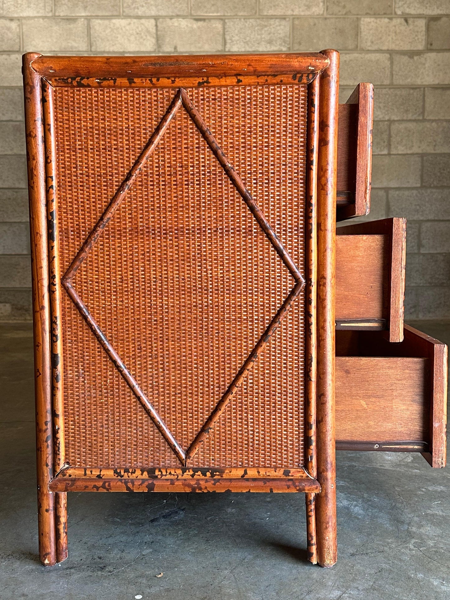 Vintage British Colonial Style Burnt Bamboo and Rattan Lowboy Dresser