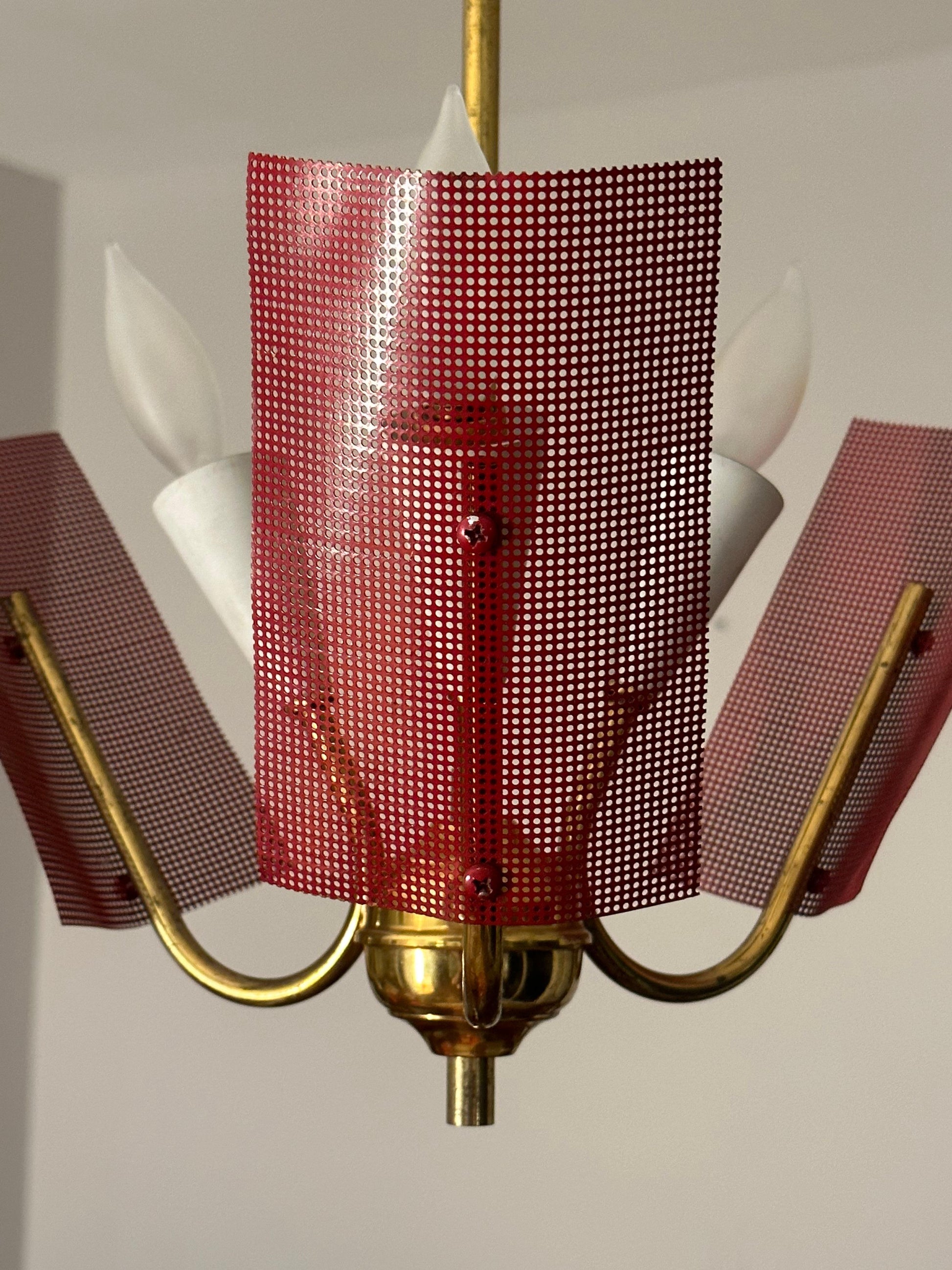 Frisman Vintage Mid Century Modern Perforated Red Metal and Brass Chandelier
