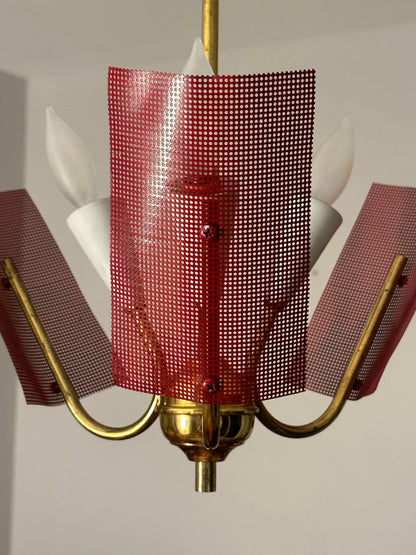 Frisman Vintage Mid Century Modern Perforated Red Metal and Brass Chandelier
