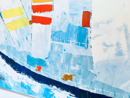 Frisman Vintage SALE Vintage Kyung Kim MCM Abstract Cubist Sailboat Racing Nautical Oil Painting