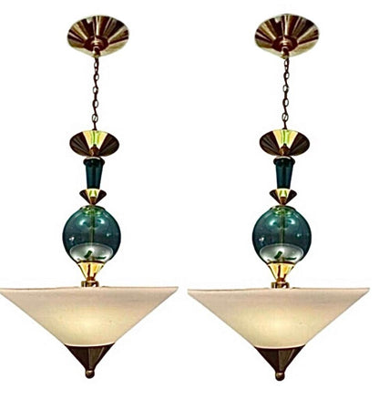 Frisman Vintage Pair Vintage Hivo Van Teal Mid Century Lucite Brass Elegant Hanging Pendants
