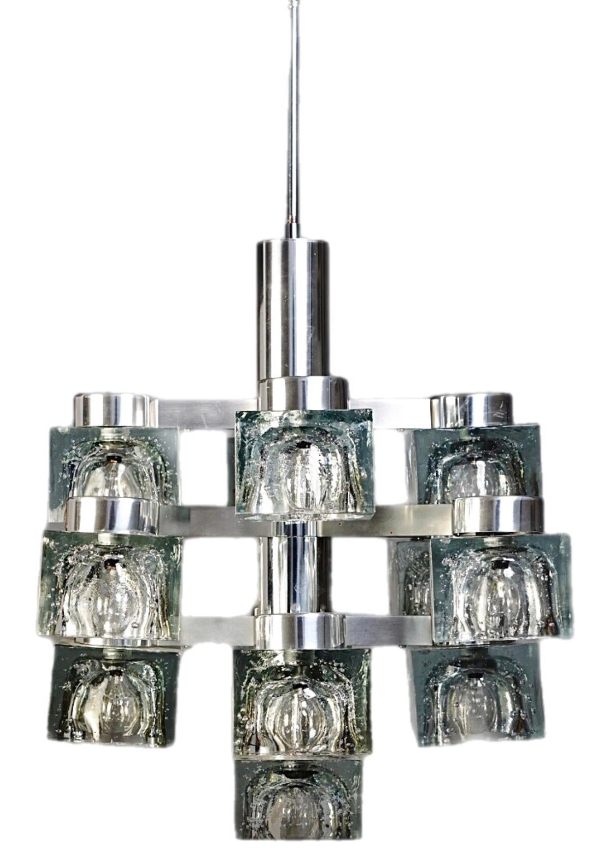 Frisman Vintage 70s MCM Gaetano Sciolari 9 Light Chrome Ice Cube Chandelier Lightolier Italy