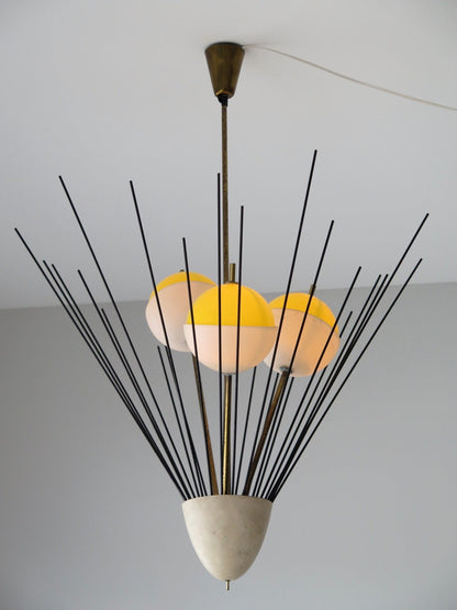 Arredoluce Chandelier with Brass Rods and Three Shades