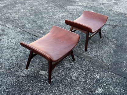 Frisman Vintage A Pair Of Mel Abitz Large Stools For Galloway's Ca' 1960's in Brown Leather