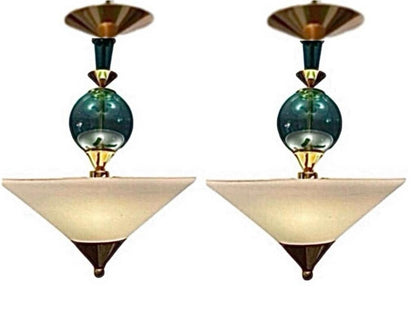 Frisman Vintage Pair Vintage Hivo Van Teal Mid Century Lucite Brass Elegant Hanging Pendants