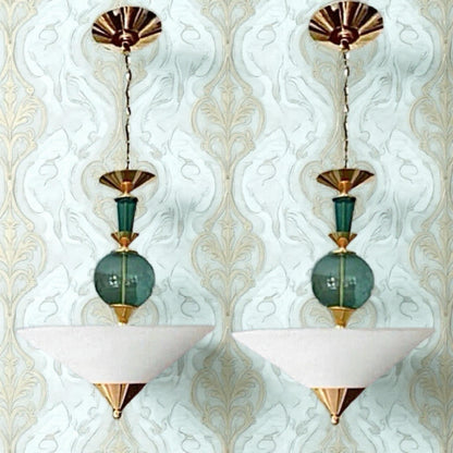 Frisman Vintage Pair Vintage Hivo Van Teal Mid Century Lucite Brass Elegant Hanging Pendants