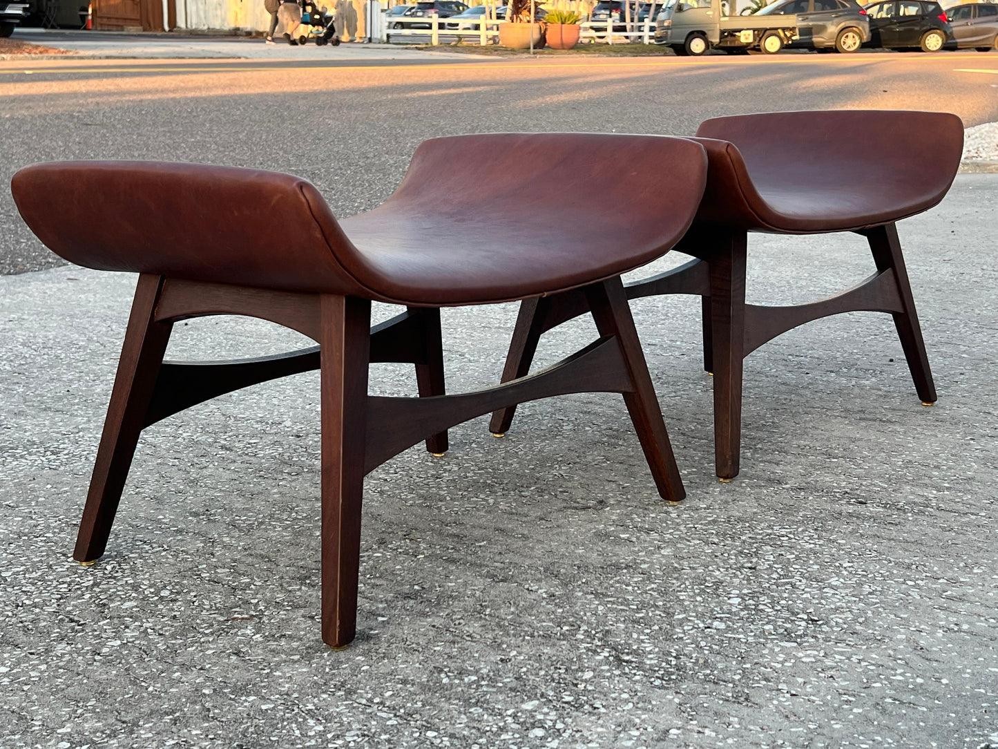 Frisman Vintage A Pair Of Mel Abitz Large Stools For Galloway's Ca' 1960's in Brown Leather