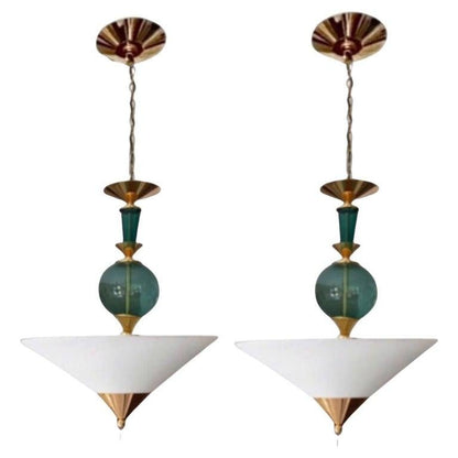 Frisman Vintage Pair Vintage Hivo Van Teal Mid Century Lucite Brass Elegant Hanging Pendants