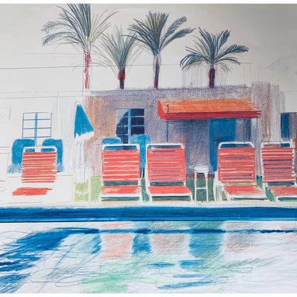 Frisman Vintage Original David Hockney Exhibition Lithograph Poster 8 Sun Chairs by a Pool 1976