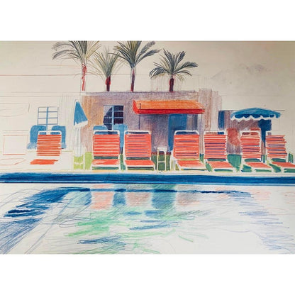 Frisman Vintage Original David Hockney Exhibition Lithograph Poster 8 Sun Chairs by a Pool 1976