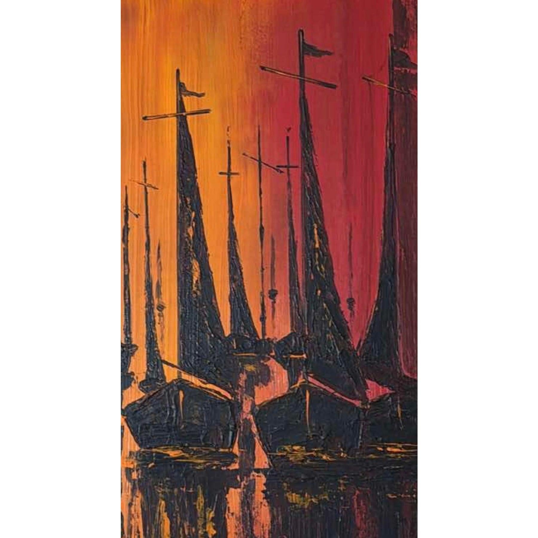 Frisman Vintage 1970s Vintage W. Kwan Mid Century Modern Fiery Sailboats Nautical Oil Painting