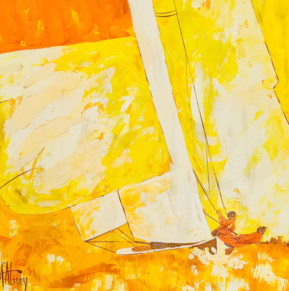 Frisman Vintage Pat McAlevey Mid Century Modern Abstract “Full Sail” Sailboat Race Oil Painting