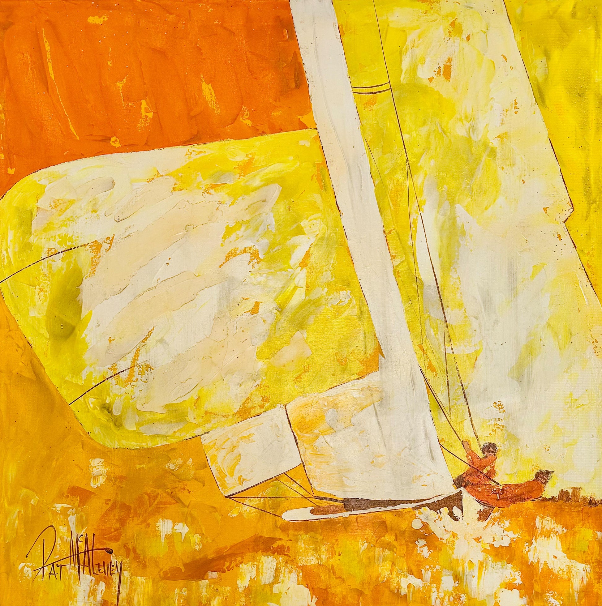 Frisman Vintage Pat McAlevey Mid Century Modern Abstract “Full Sail” Sailboat Race Oil Painting