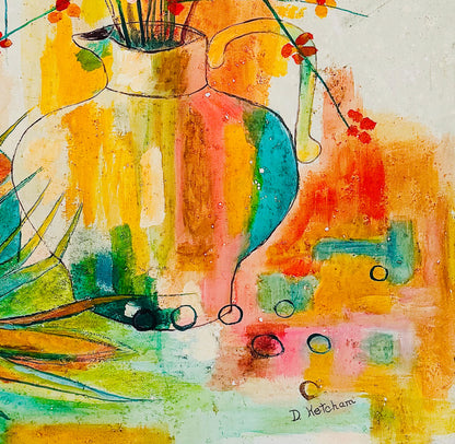 Frisman Vintage Mid Century Modern D. Ketcham Mixed Media Abstract Impressionist Floral Painting