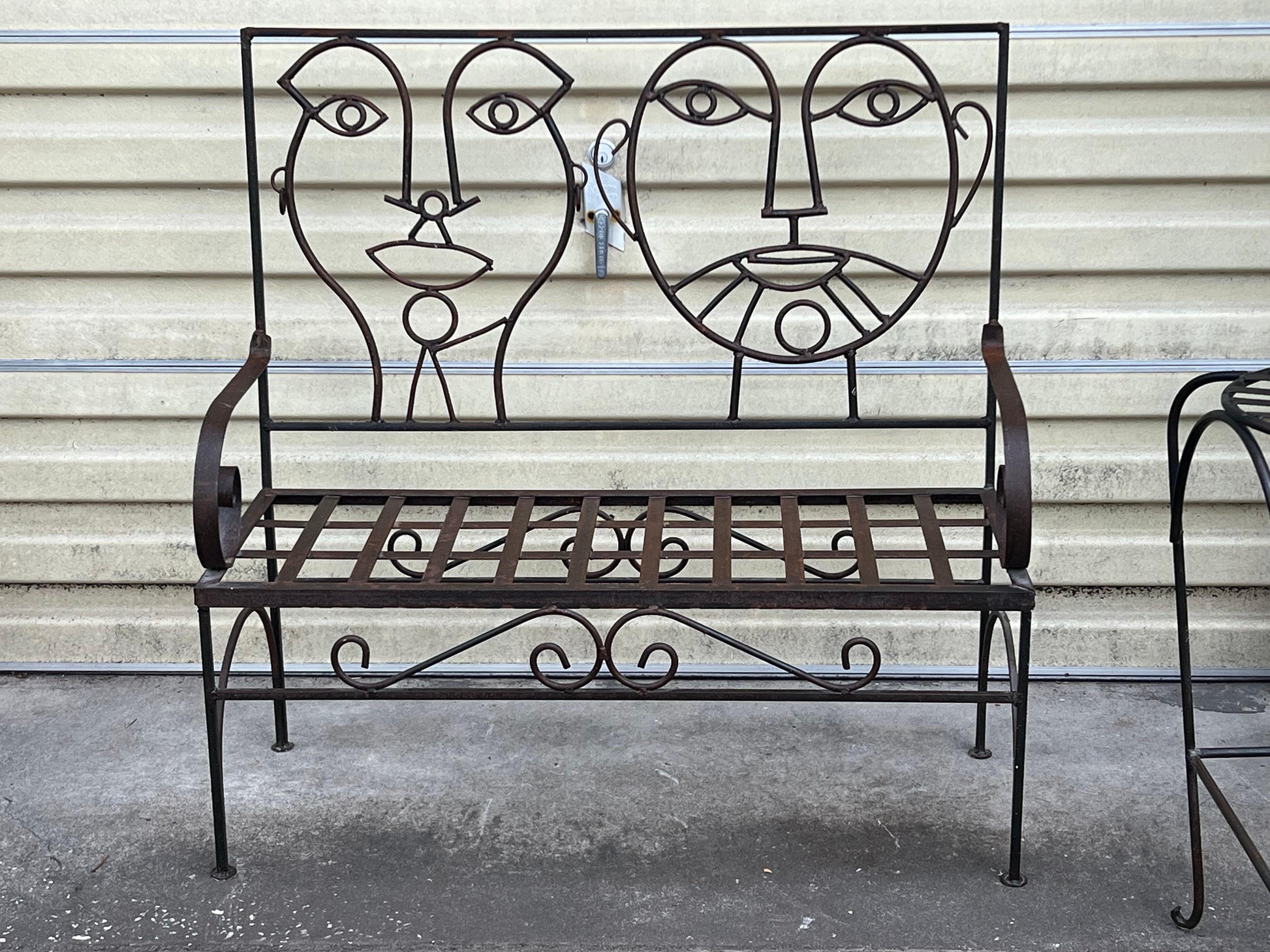 Frisman Vintage Pair 80s John Risley Insp Man and Woman Pop Art Iron Bench