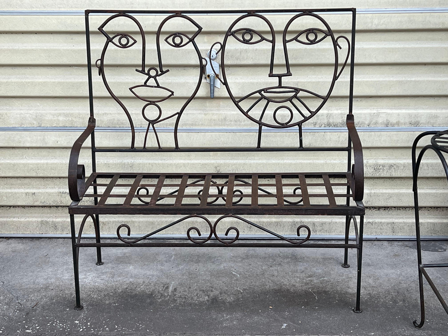 Frisman Vintage 80s John Risley Inspired Man and Woman Pop Art Iron Bench