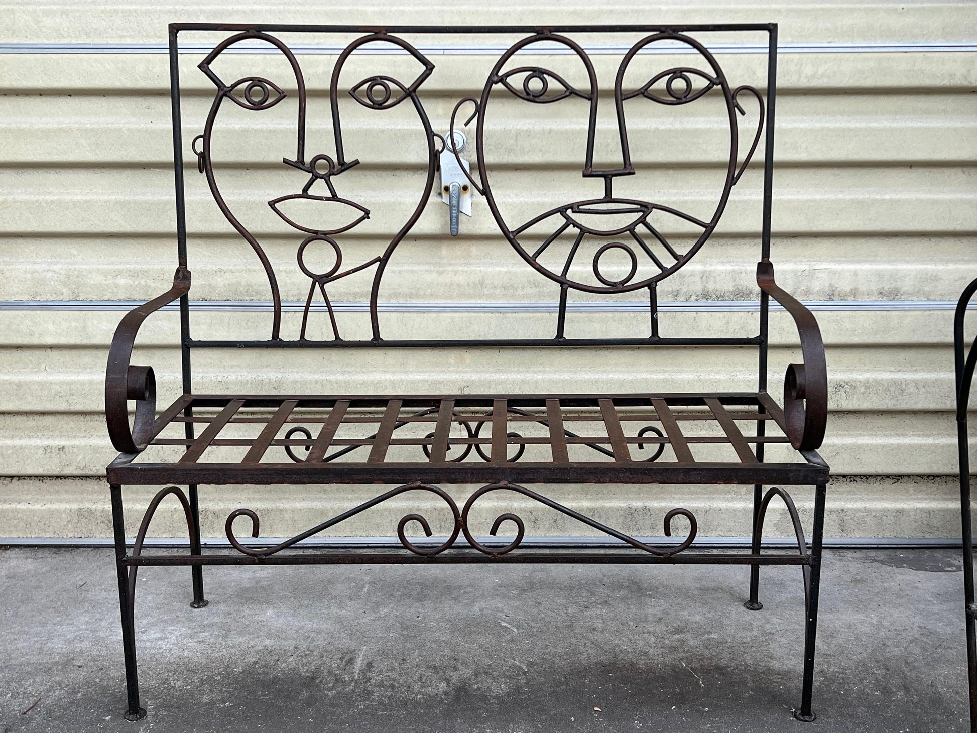 Frisman Vintage Pair 80s John Risley Insp Man and Woman Pop Art Iron Bench