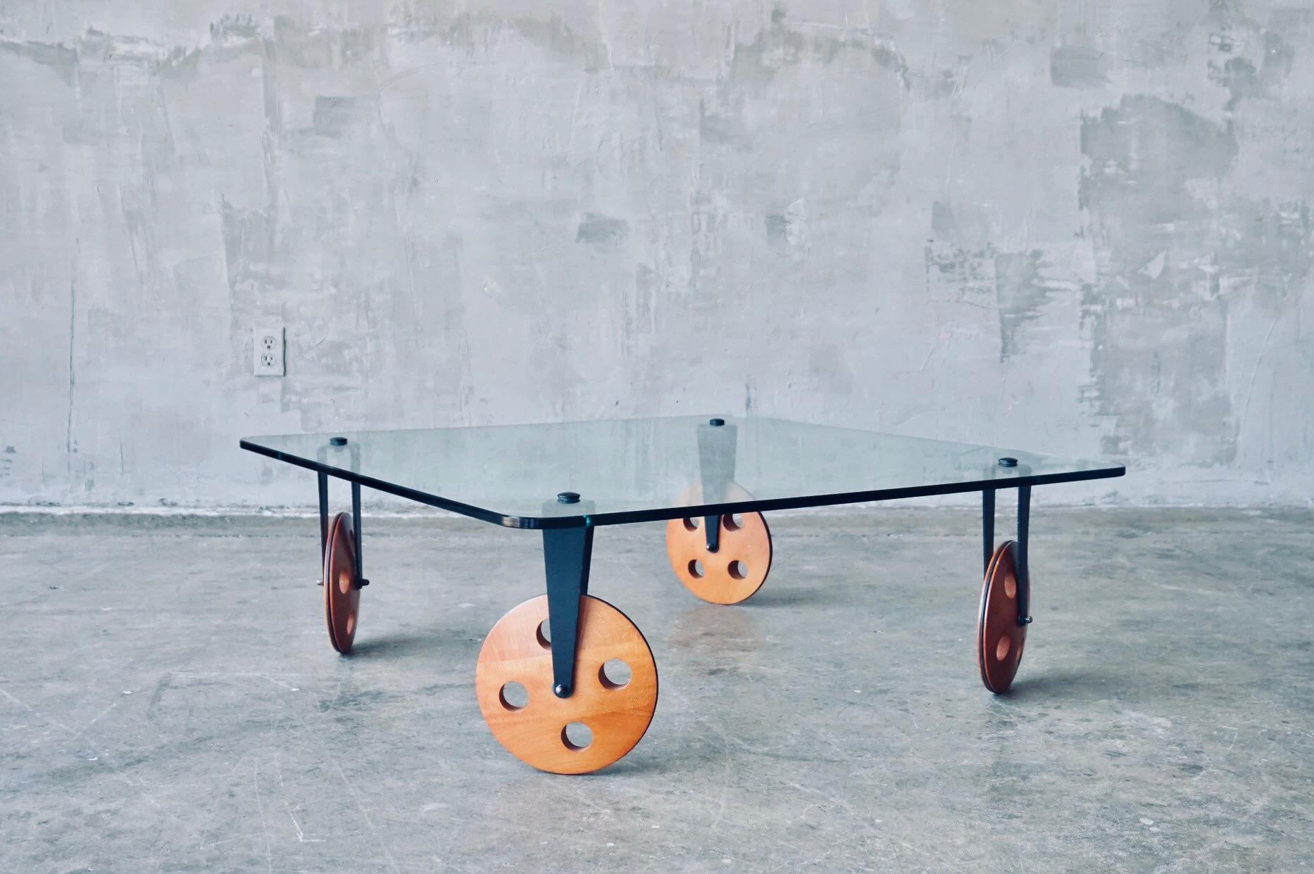 Frisman Vintage Gae Aulenti Style Postmodern Industrial Coffee Table lood Wheels Fontana Arte