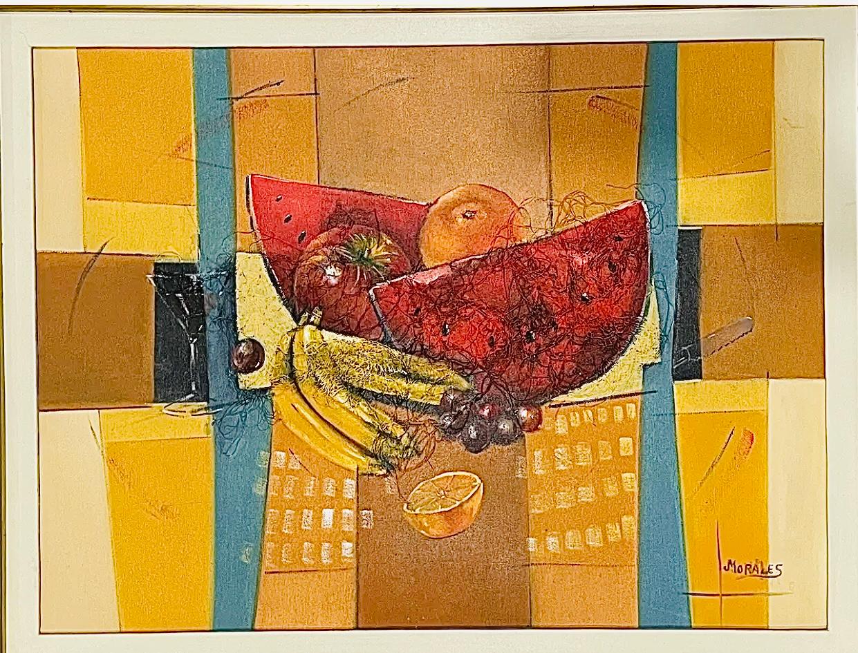 Frisman Vintage XL Mid Century Cubist Mixed Media Still Life Fruit Painting after Cezanne D. Fox