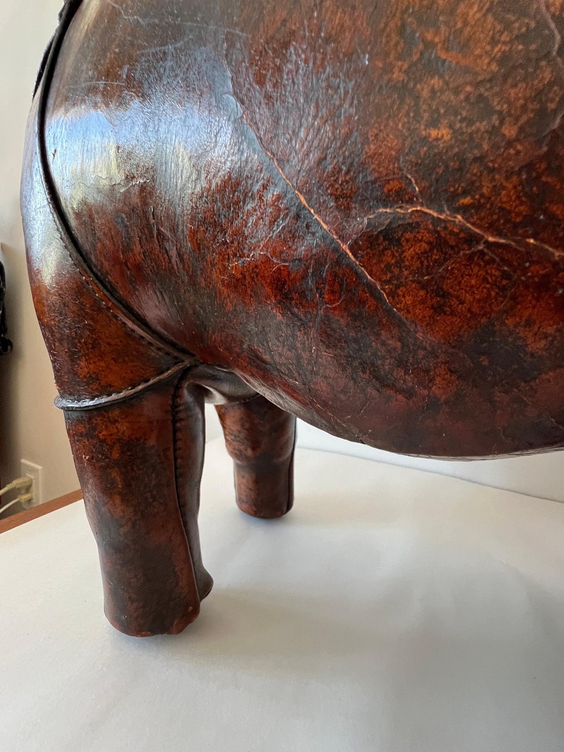 frisman vintage Vintage Leather Rhino Footstool by Abercrombie & Fitch, 1950s