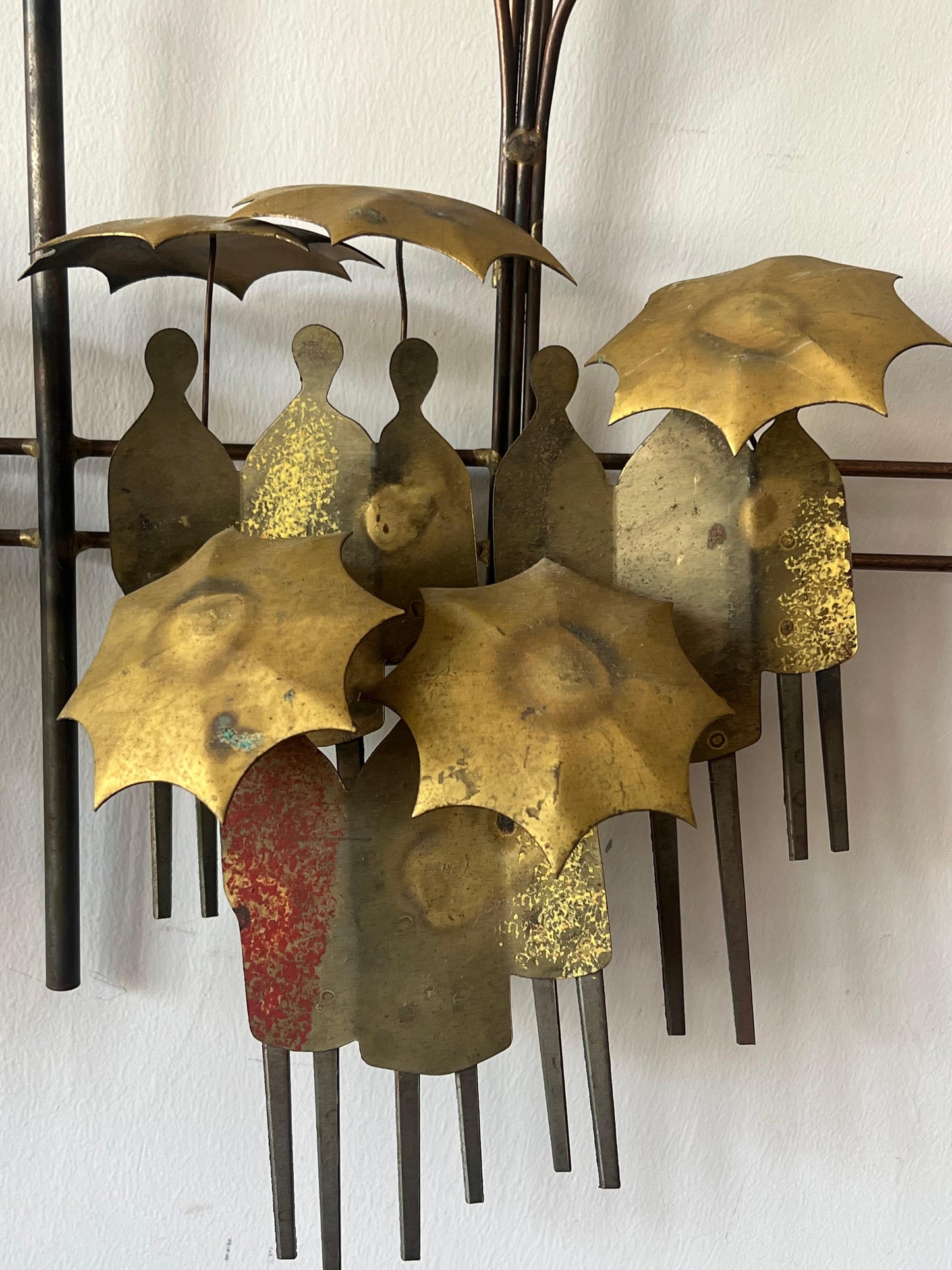 A Curtis Jere Brass Sculpture Umbrellas And People ca' 1970's