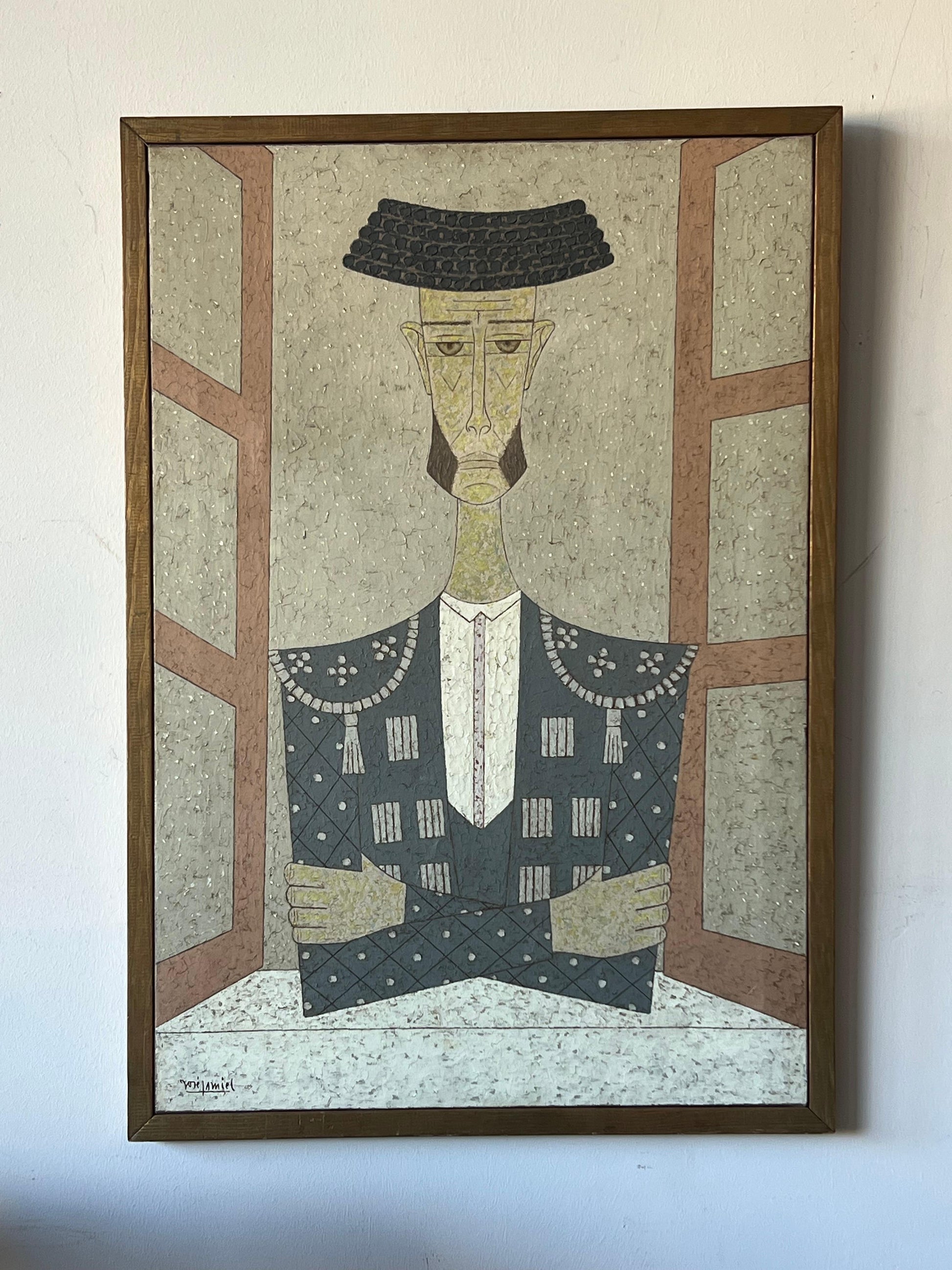 Frisman Vintage 60s Jose Lamiel Mid Century Modern Bullfighter Painting Buffet Modigliani Style