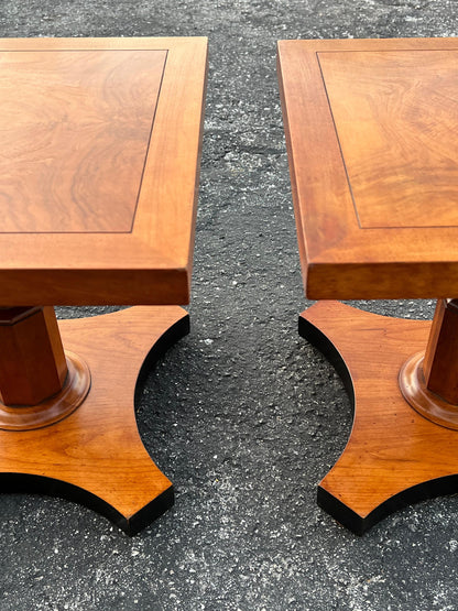 Frisman Vintage Baker Furniture Pair of Pedestal Regency Style Burl Walnut Tables Ca' 1950's