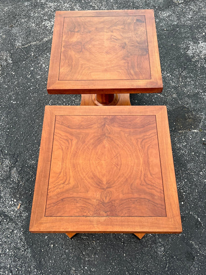 Frisman Vintage Baker Furniture Pair of Pedestal Regency Style Burl Walnut Tables Ca' 1950's