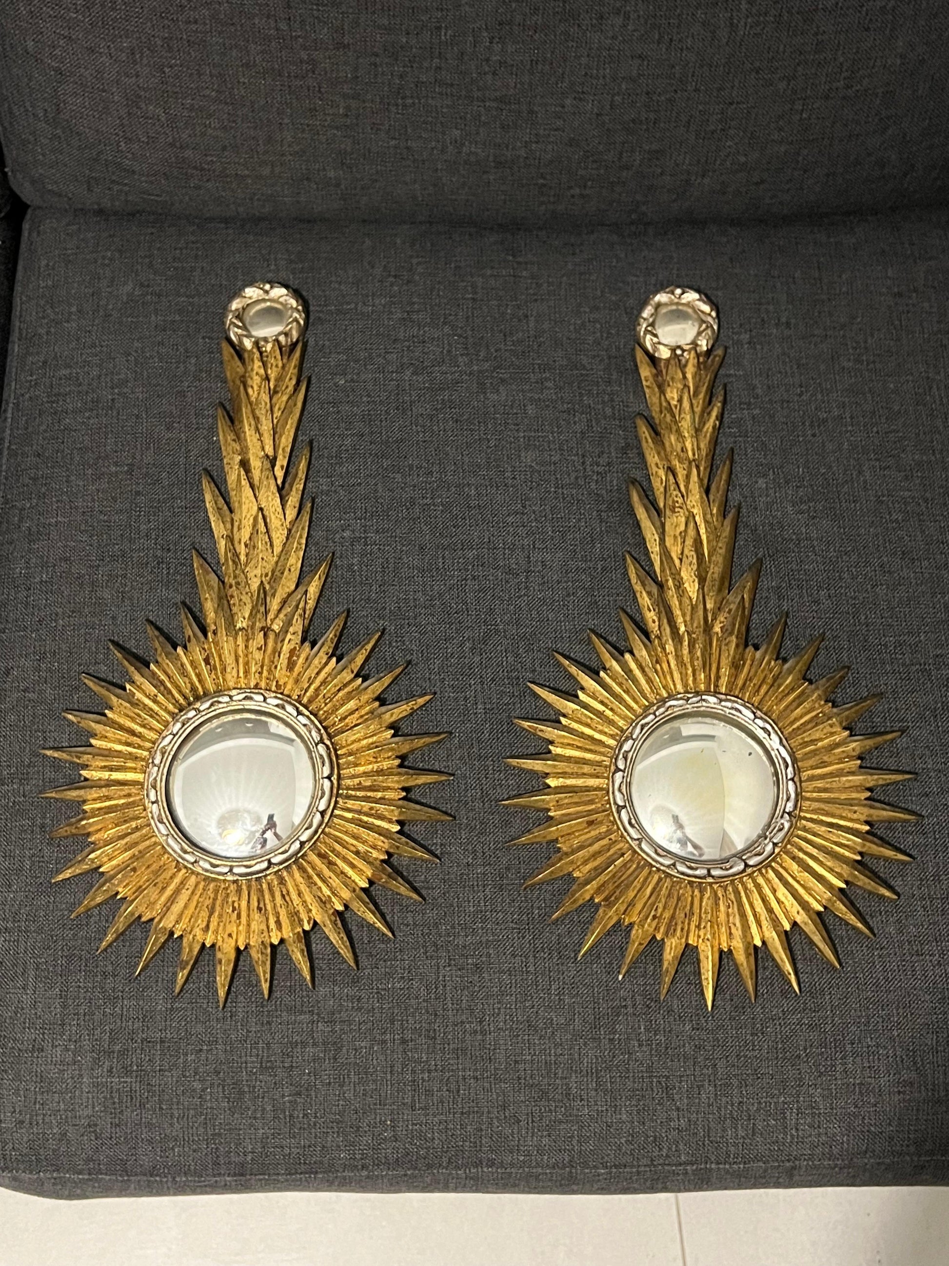 Frisman Vintage A Pair Of Unusual Sunburst Soleil Mirrors Gilt Wood Convex 1960